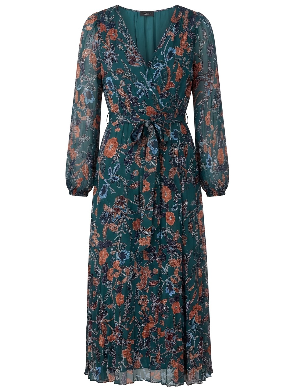 Current air- Floral Wrap Midi Dress in Teal - Lightweight Long Sleeve, size S